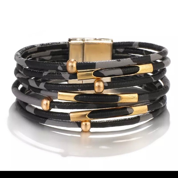 Jewelry - NWT Leather Black Leopard & Gold Bead Bracelet